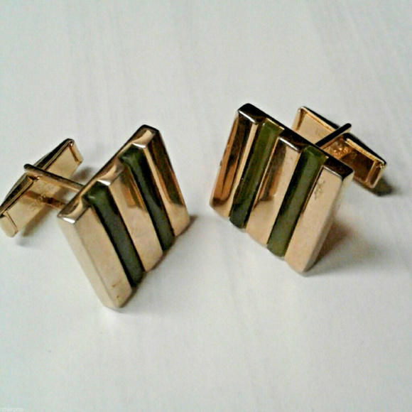 Goldtone Green stone Inlay Square Cufflinks Set